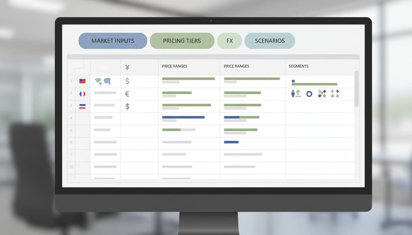 A realistic yet simplified spreadsheet-style dashboard for an international SaaS pricing workbook, featuring tabs for market inputs, pricing tiers, FX, and scenarios. It includes columns for countries, currencies, price ranges, and segments in a clean UI with neutral SaaS colors and flat design.