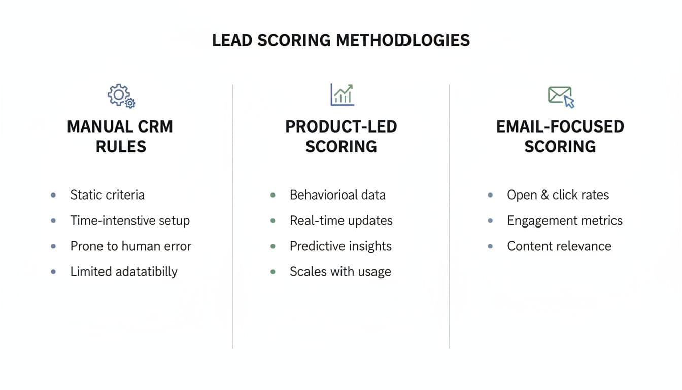 Three-column comparison chart of Manual CRM rules, Product-led scoring, and Email-focused scoring methods, each with 3-4 bullet points.