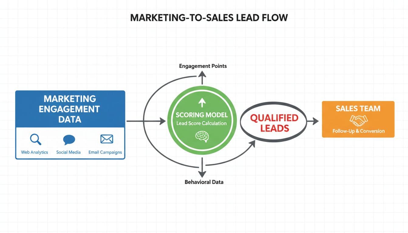 Flowchart showing marketing engagement data feeding into a simple scoring model, which then hands leads to sales.